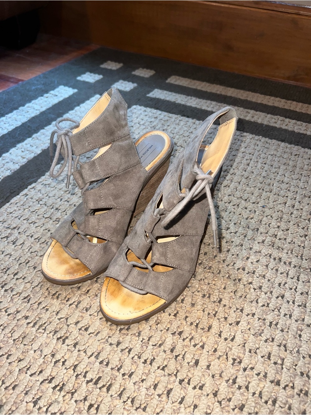 Melrose and Market Gray Suede Lace-Up Wedge Sandals